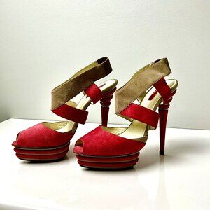 Cesare Paciotti Suede Platform Sandals Coral & Taupe Peep Toe High Hell EU 39